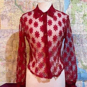 Red Daisy Lace Longsleeve blouse by Aqua Blues, size L, Vintage 1990s